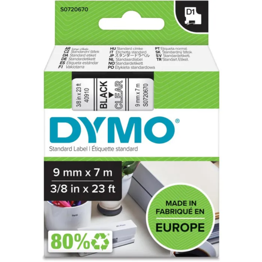 Dymo 9mm Black on Clear Label Tape 40910 (S0720670)